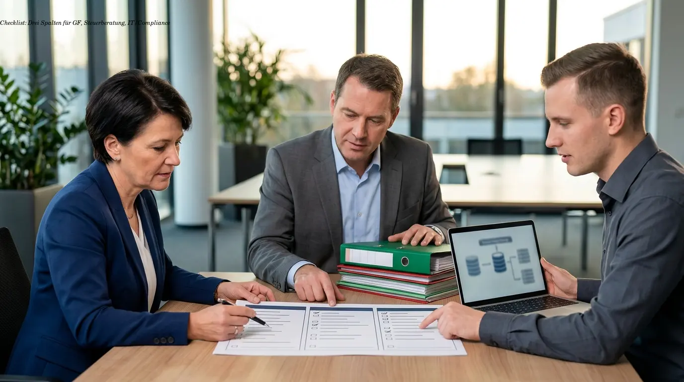 Checklist: Drei Spalten für GF, Steuerberatung, IT/Compliance