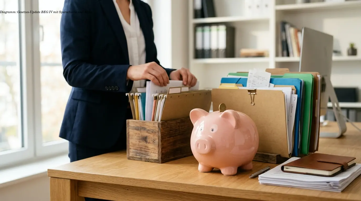 Diagramm: Gesetzes-Update BEG IV mit Sparschwein und Akten