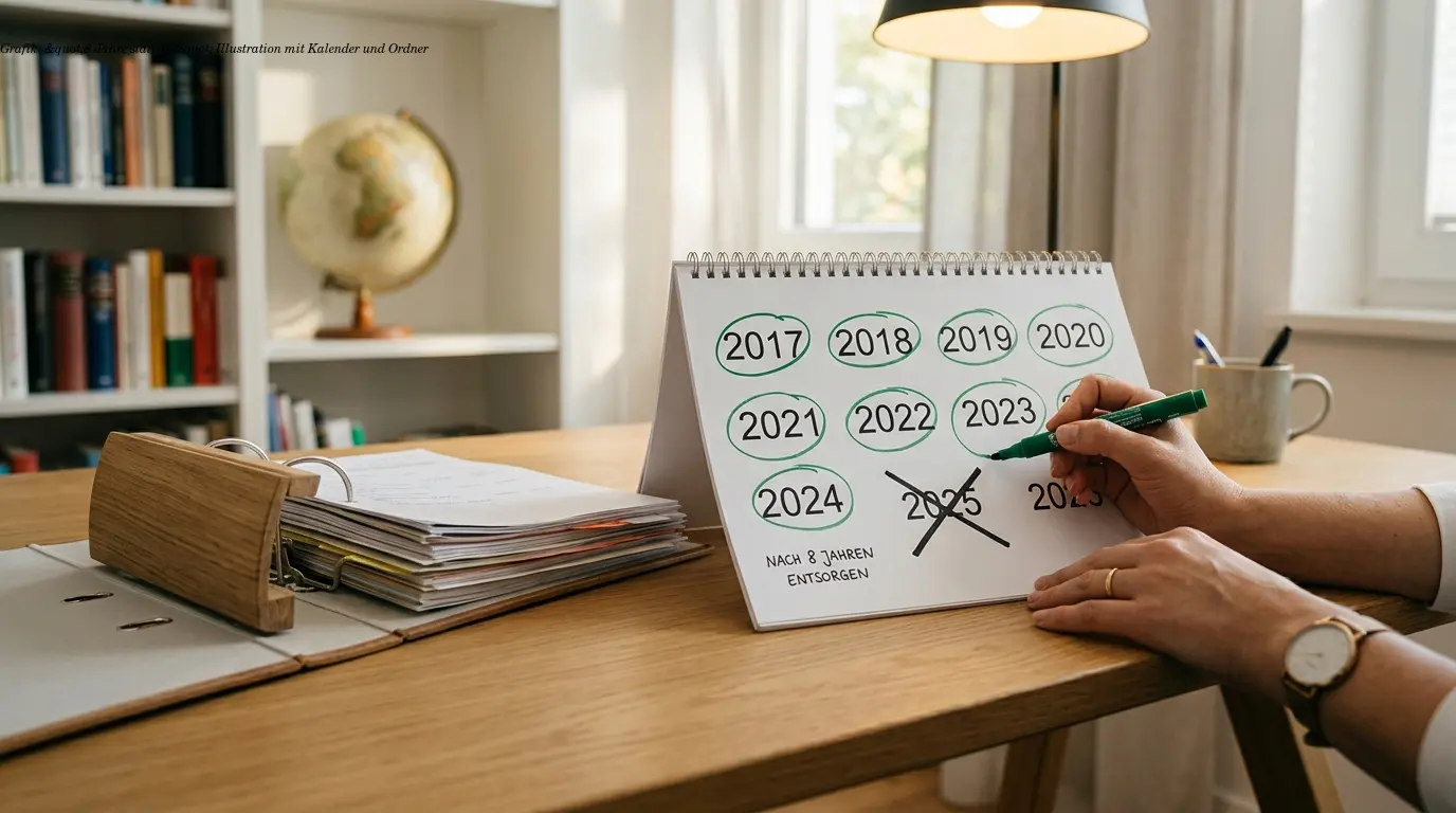 Grafik: "8 Jahre statt 10" Illustration mit Kalender und Ordner