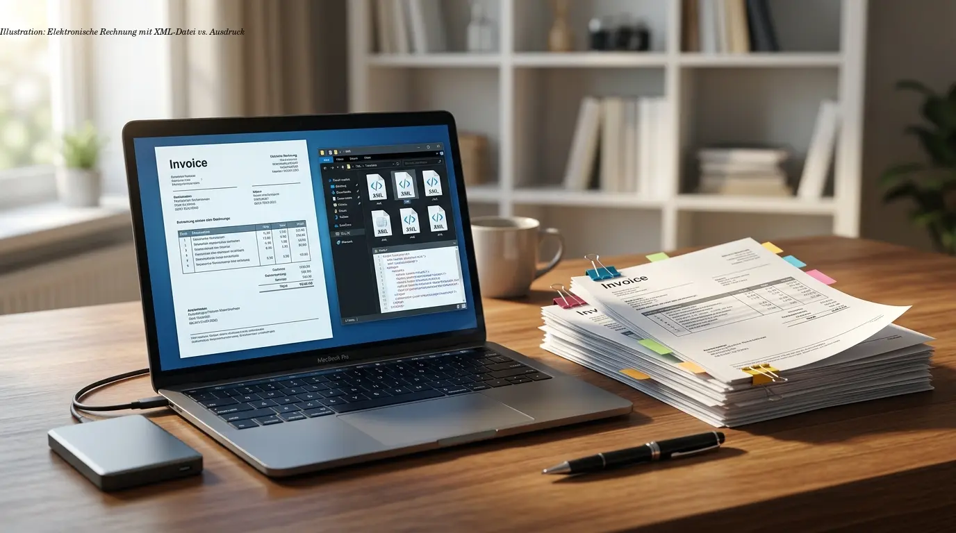 Illustration: Elektronische Rechnung mit XML-Datei vs. Ausdruck
