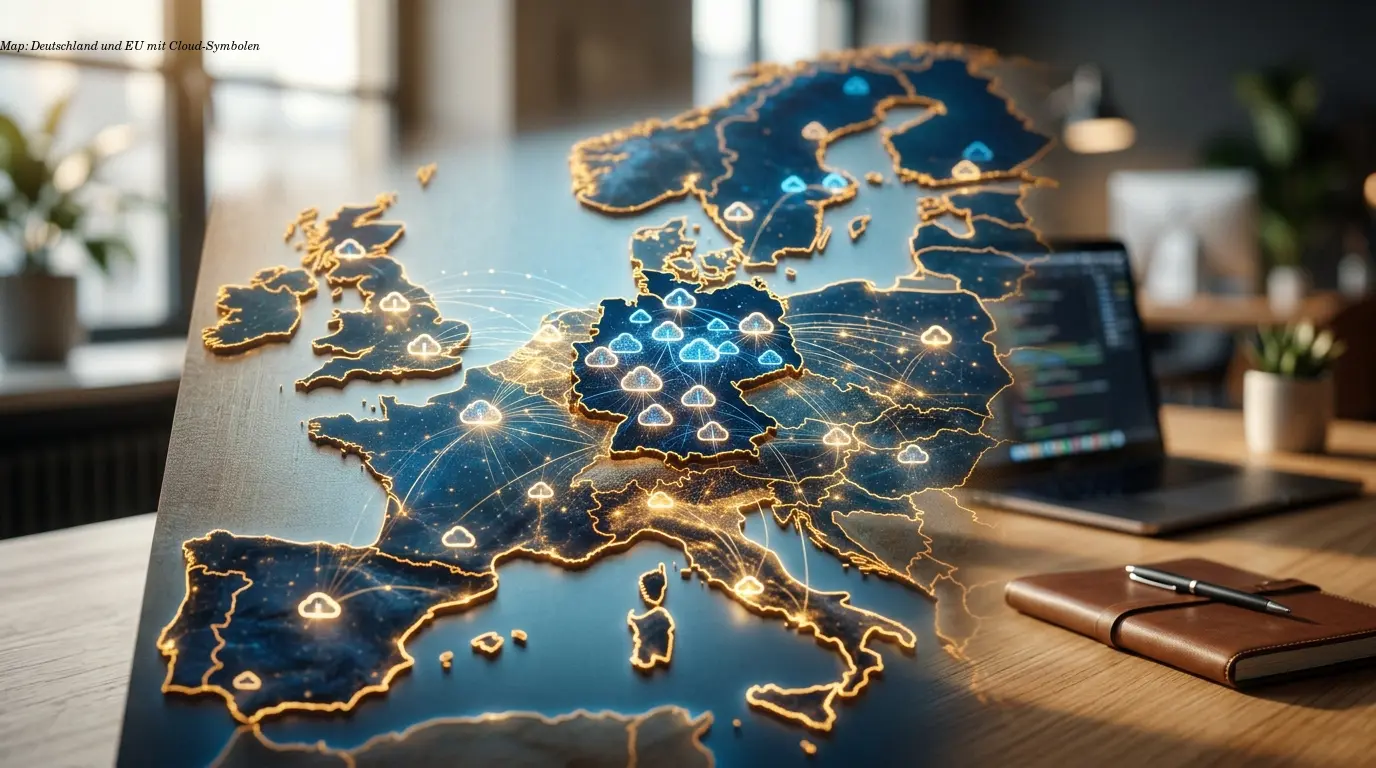 Map: Deutschland und EU mit Cloud-Symbolen