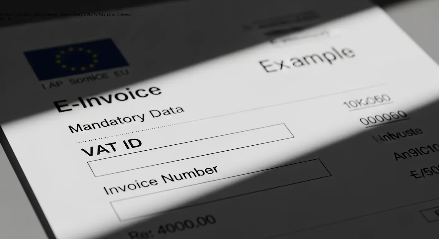 Example e-invoice highlighting mandatory data fields like VAT ID and invoice number