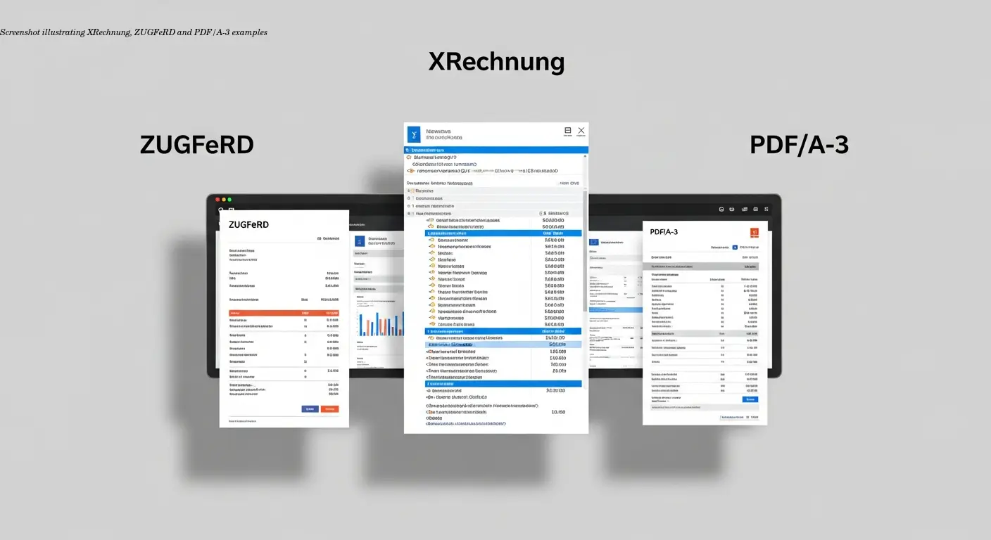 Screenshot illustrating XRechnung, ZUGFeRD and PDF/A-3 examples