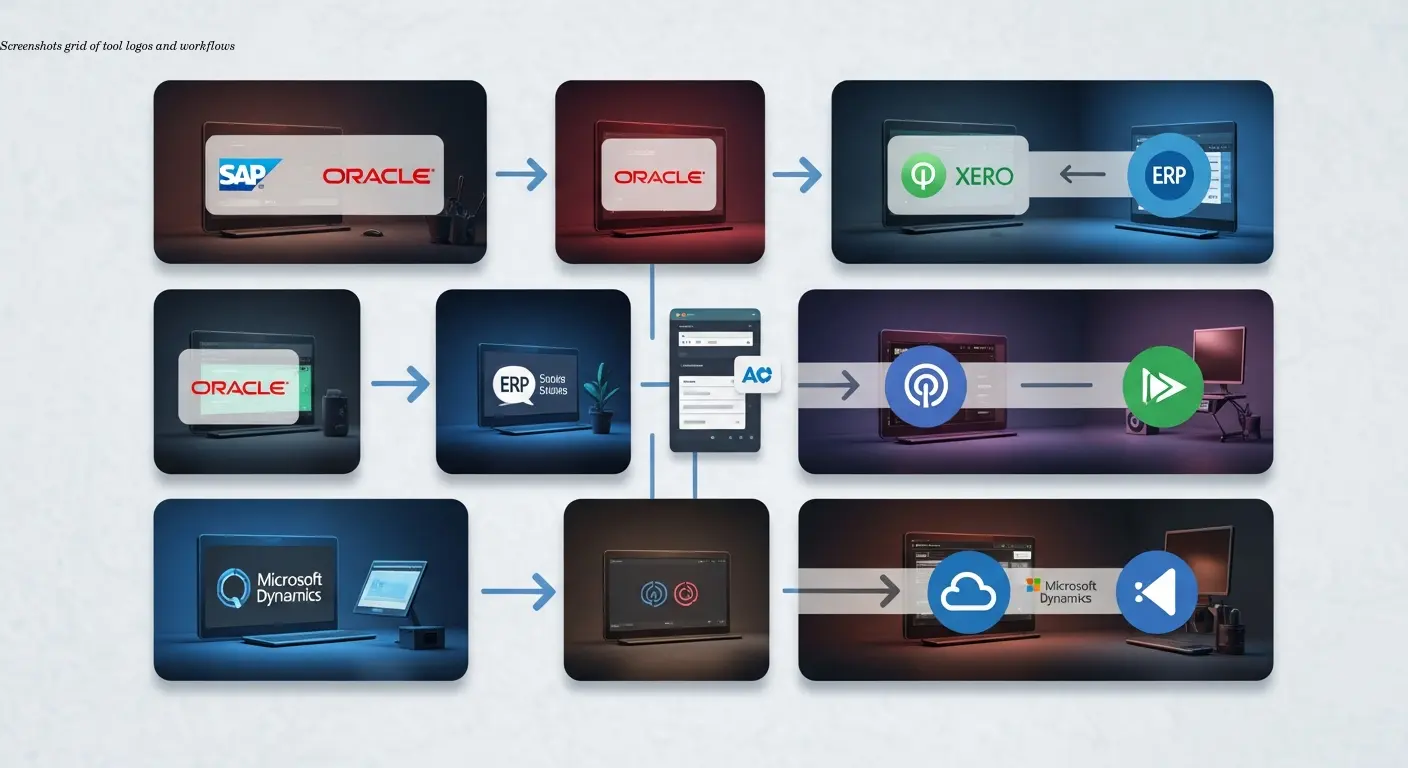 Screenshots grid of tool logos and workflows