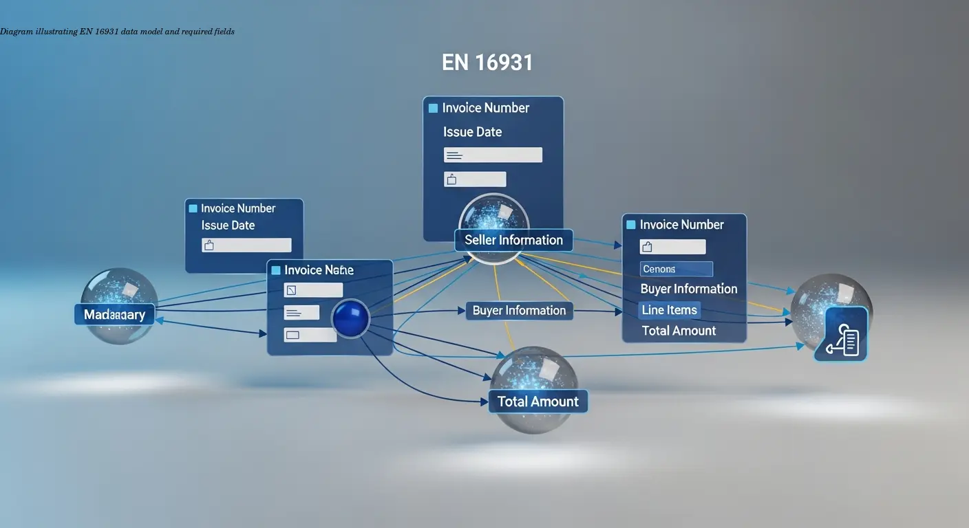 Diagram illustrating EN 16931 data model and required fields