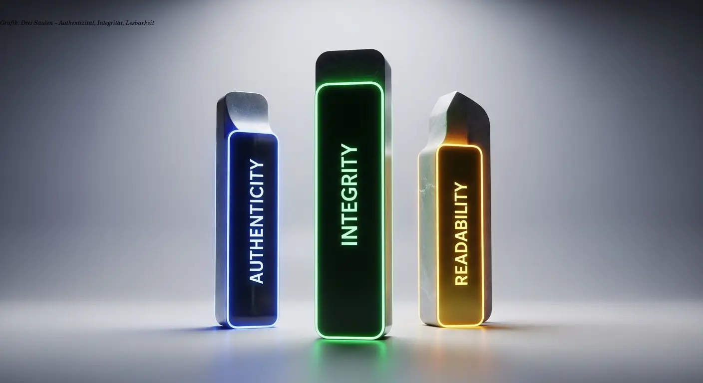Grafik: Drei Säulen – Authentizität, Integrität, Lesbarkeit