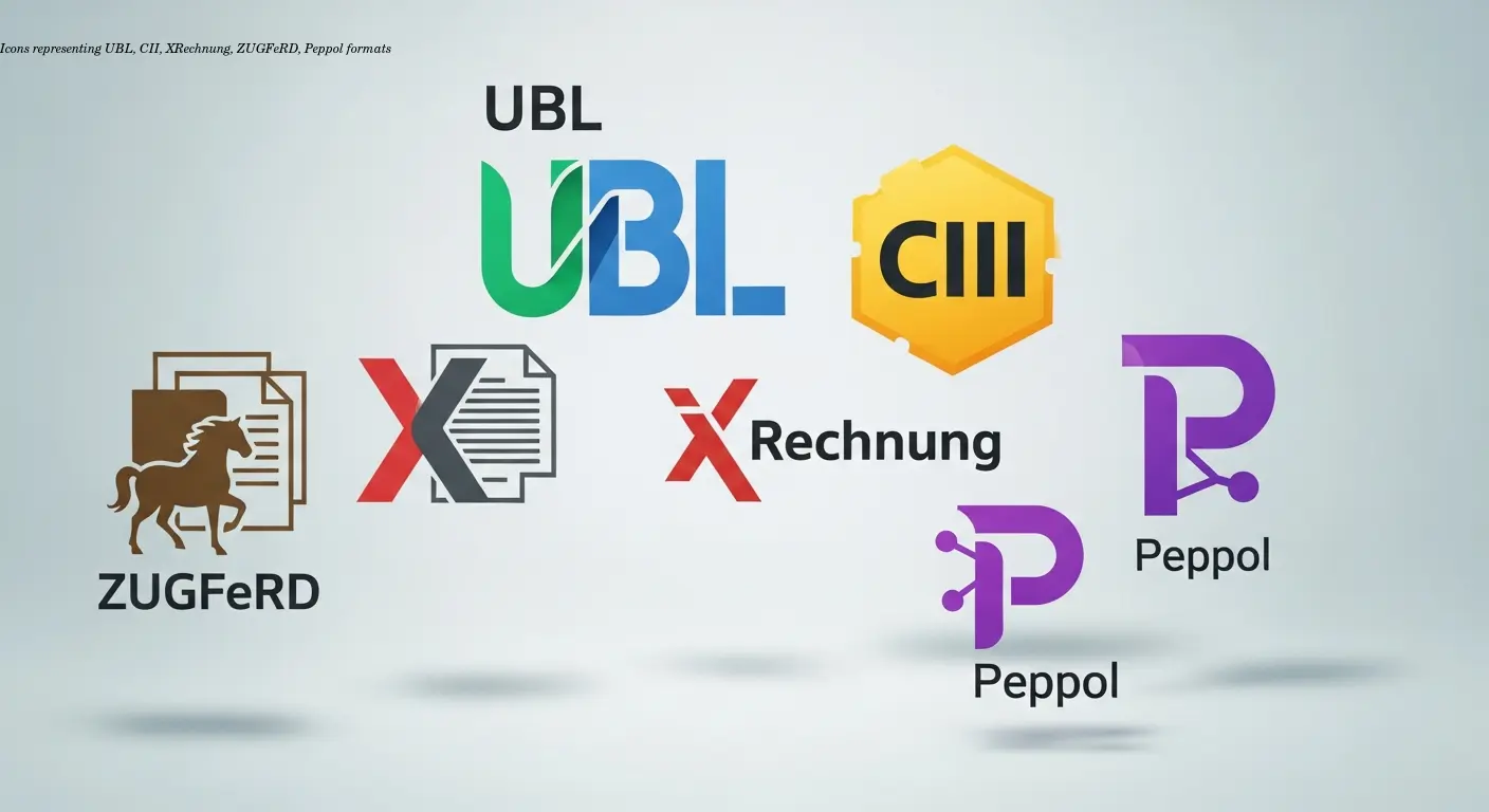 Icons representing UBL, CII, XRechnung, ZUGFeRD, Peppol formats