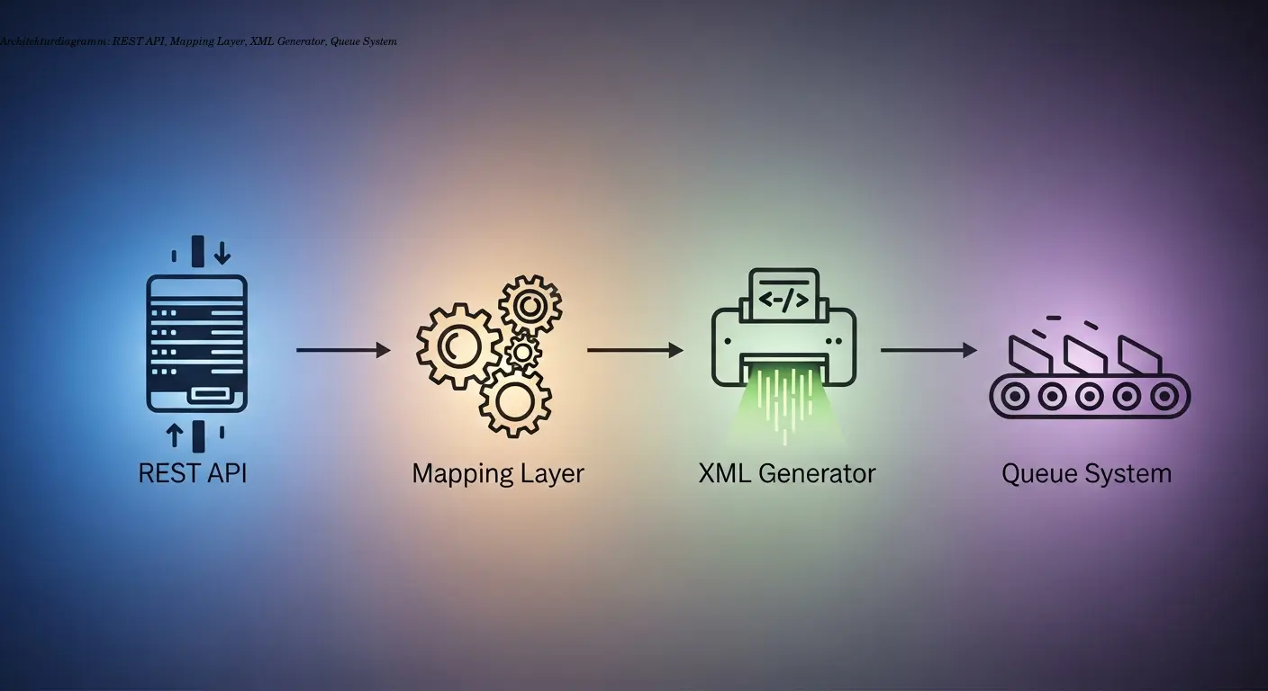 Architekturdiagramm: REST‑API, Mapping‑Layer, XML‑Generator, Queue‑System