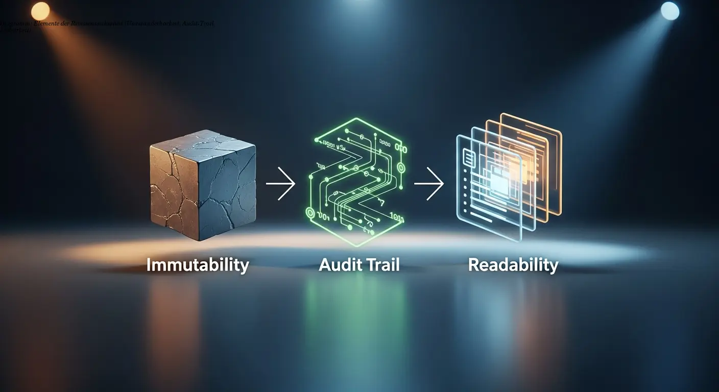 Diagramm: Elemente der Revisionssicherheit (Unveränderbarkeit, Audit-Trail, Lesbarkeit)