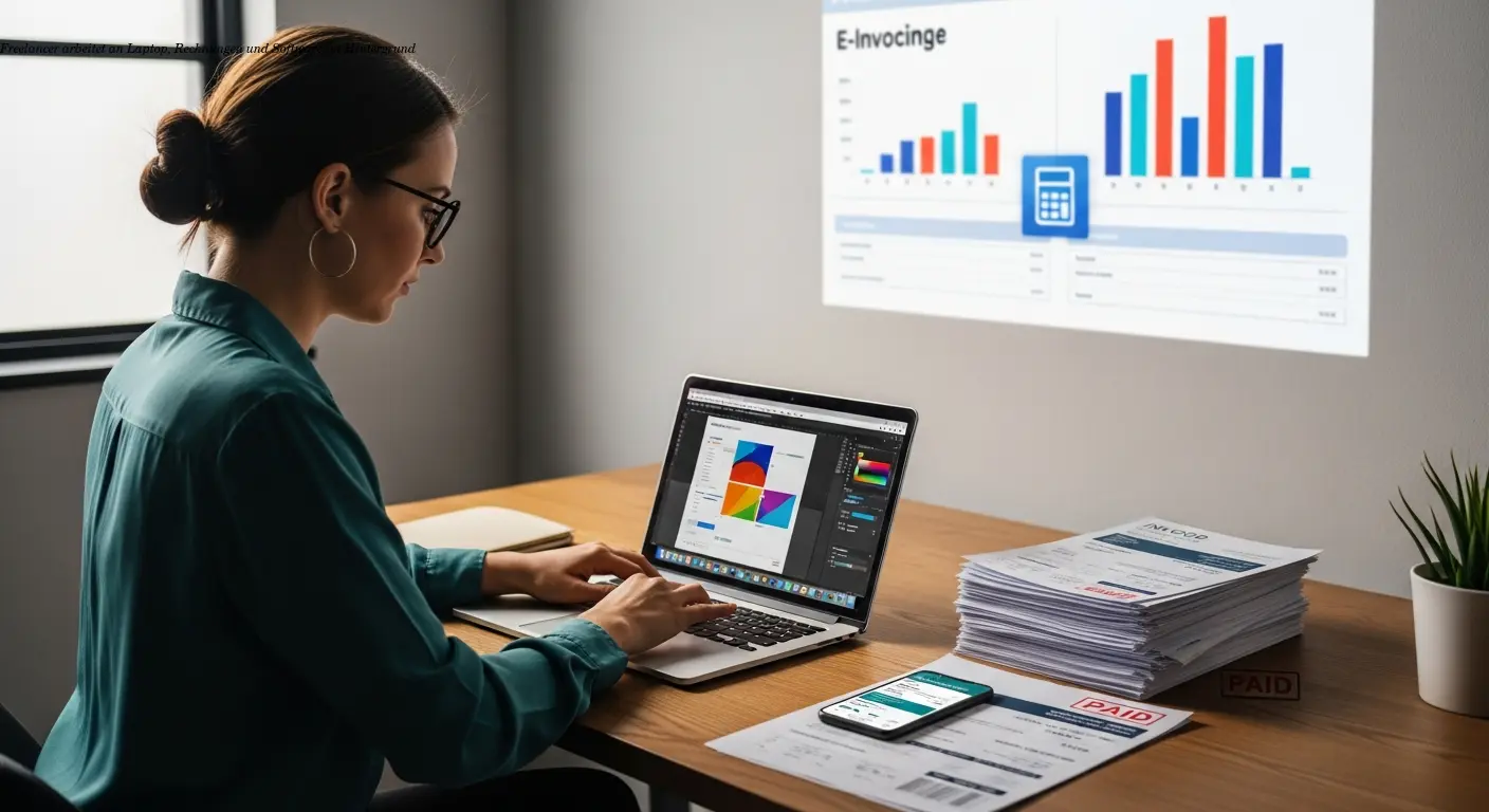 Freelancer arbeitet an Laptop, Rechnungen und Software im Hintergrund
