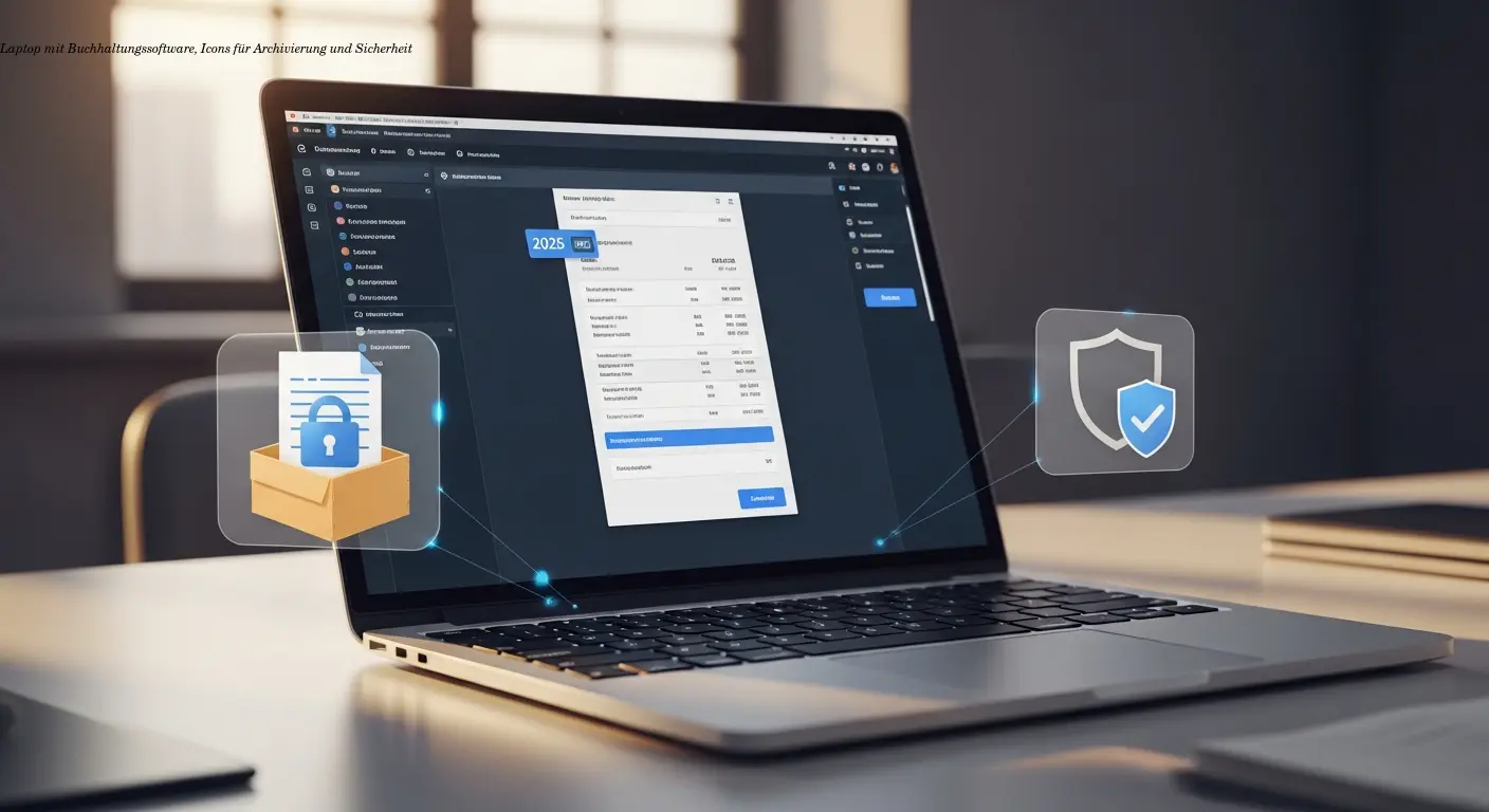 Laptop mit Buchhaltungssoftware, Icons für Archivierung und Sicherheit