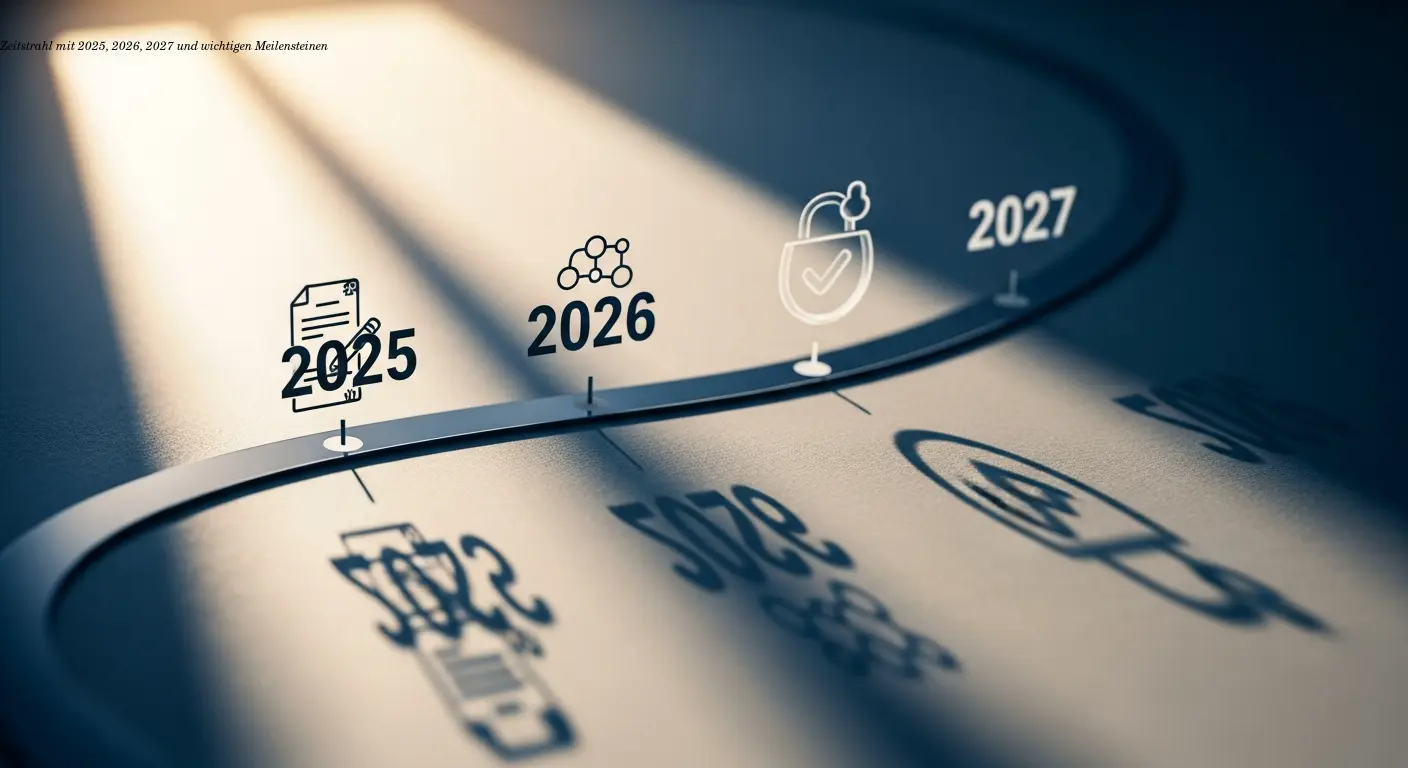 Zeitstrahl mit 2025, 2026, 2027 und wichtigen Meilensteinen