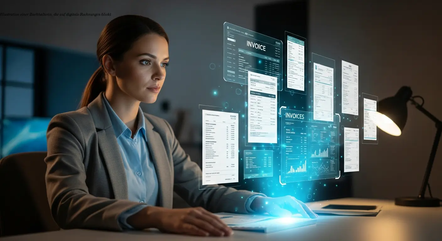 Illustration einer Buchhalterin, die auf digitale Rechnungen blickt