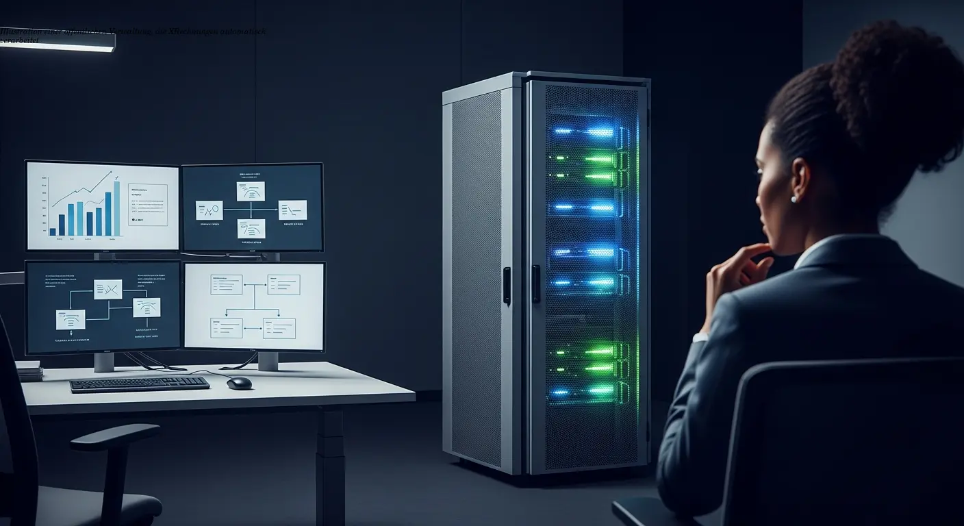 Illustration einer öffentlichen Verwaltung, die XRechnungen automatisch verarbeitet