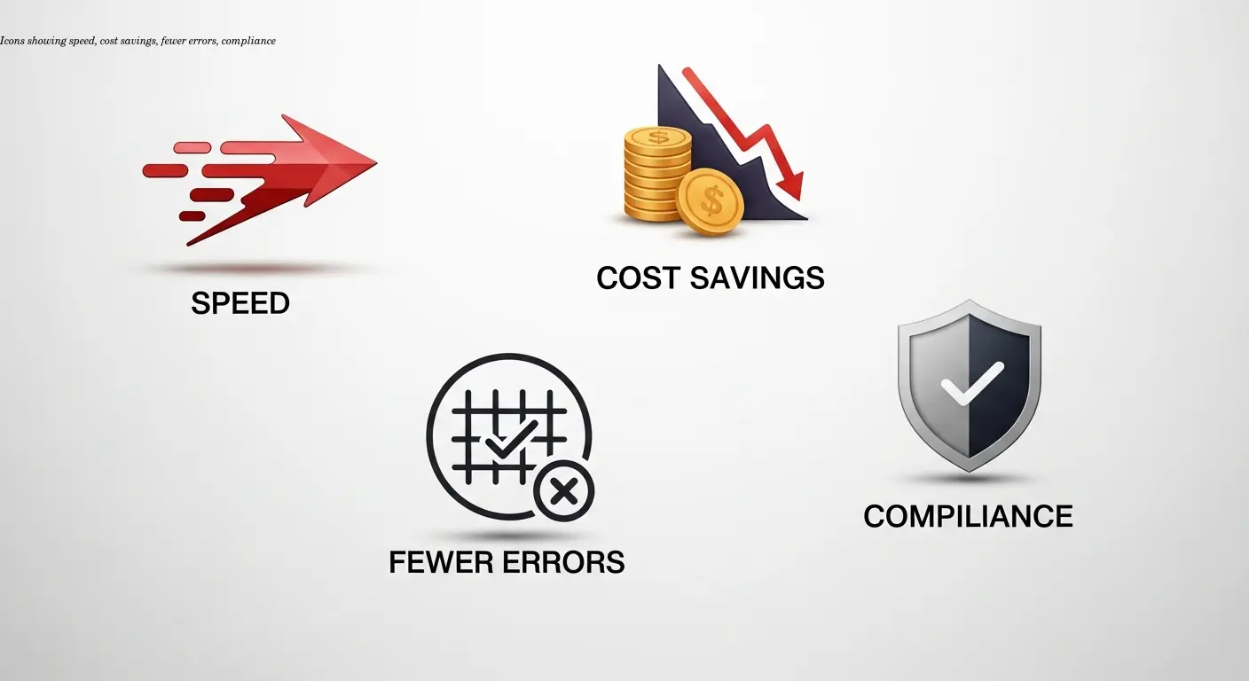 Icons showing speed, cost savings, fewer errors, compliance