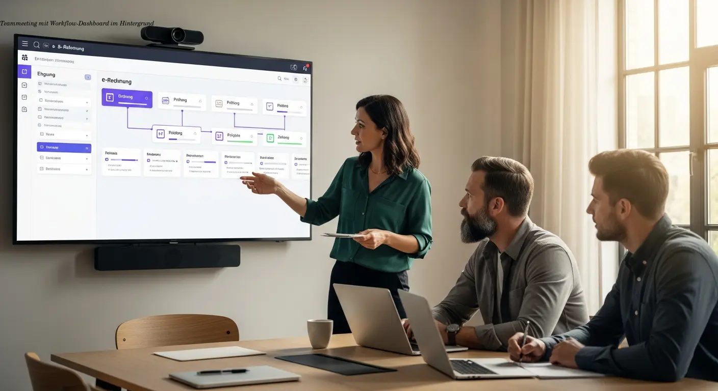 Teammeeting mit Workflow-Dashboard im Hintergrund