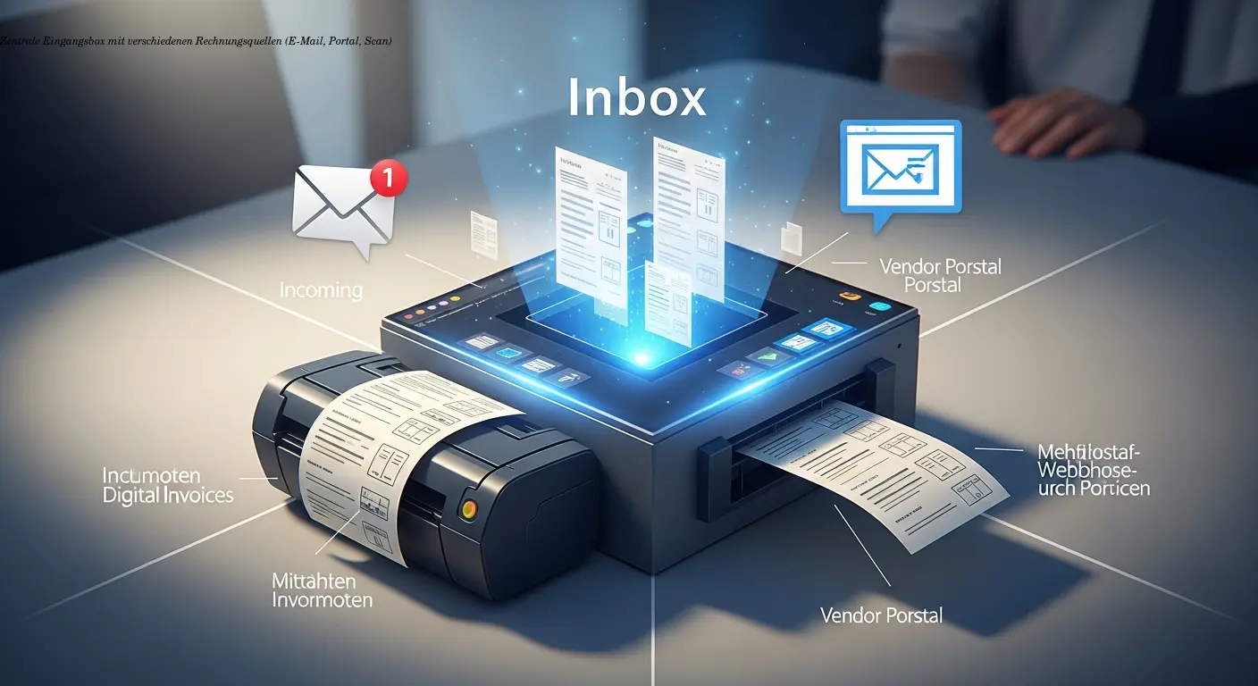 Zentrale Eingangsbox mit verschiedenen Rechnungsquellen (E-Mail, Portal, Scan)