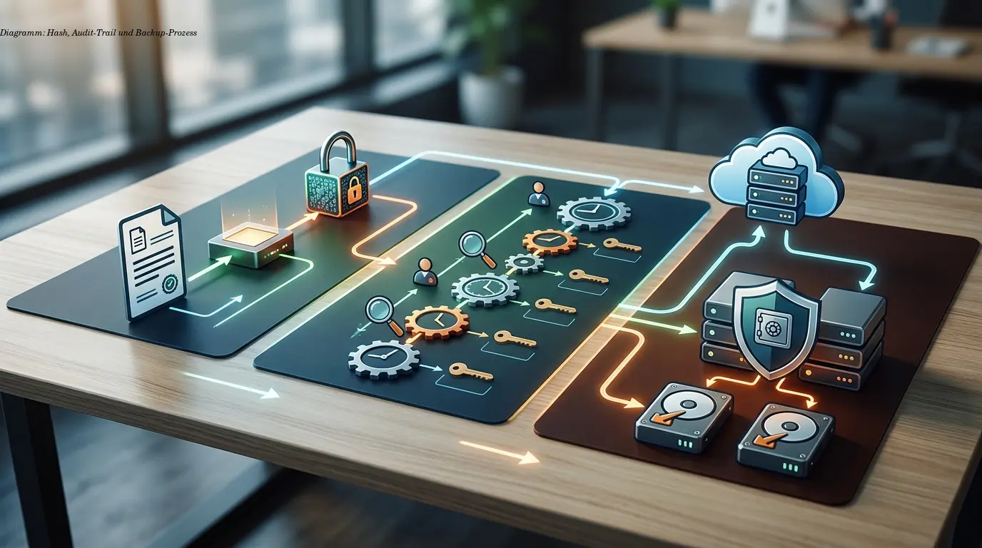 Diagramm: Hash, Audit-Trail und Backup-Prozess