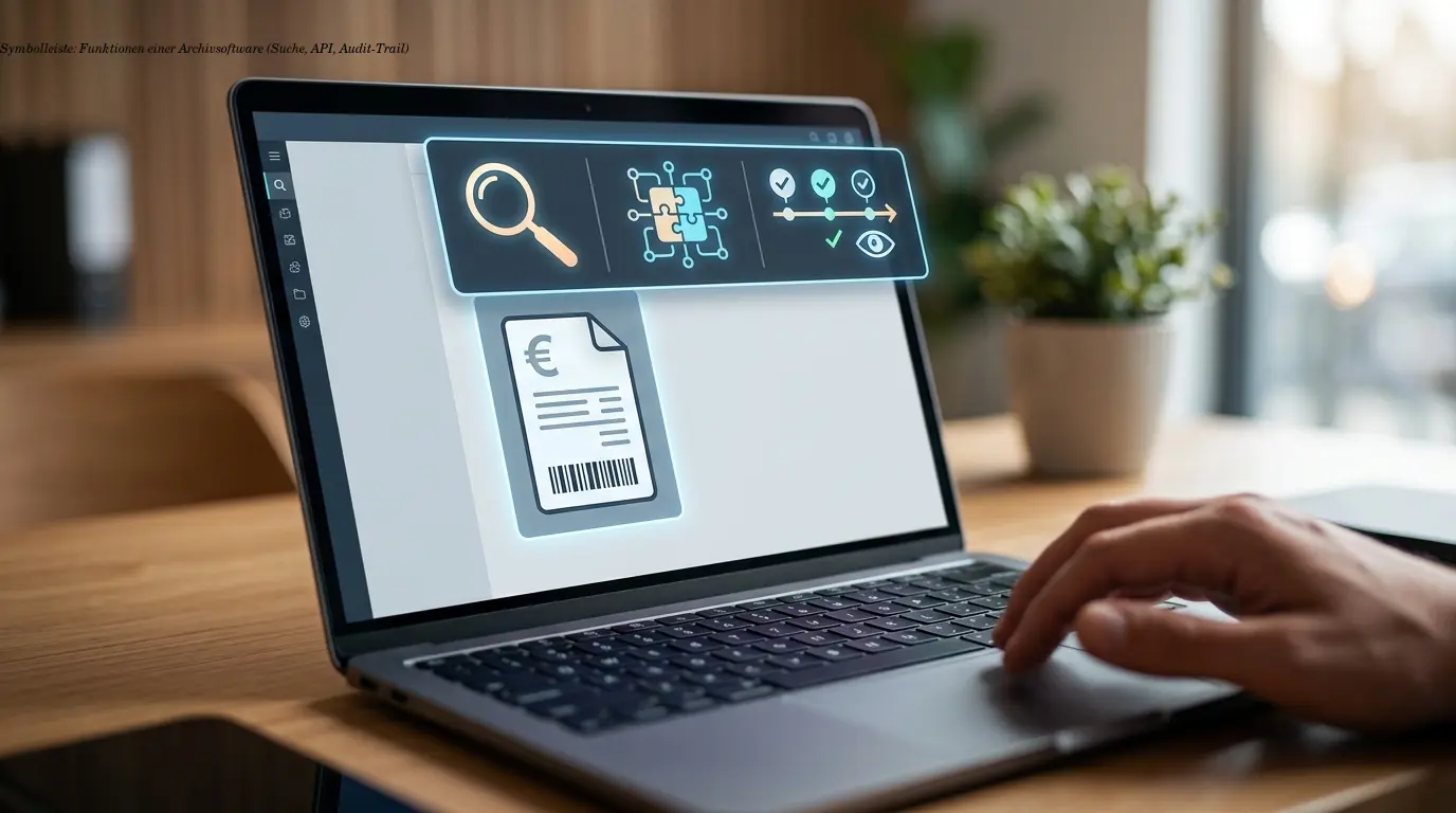 Symbolleiste: Funktionen einer Archivsoftware (Suche, API, Audit-Trail)