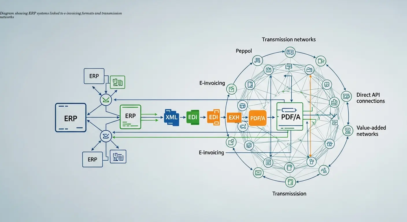 Diagram showing ERP systems linked to e-invoicing formats and transmission networks