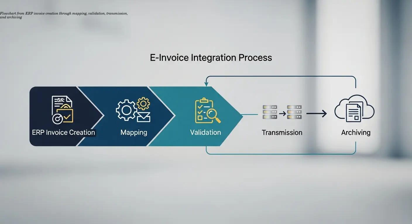 Flowchart from ERP invoice creation through mapping, validation, transmission, and archiving