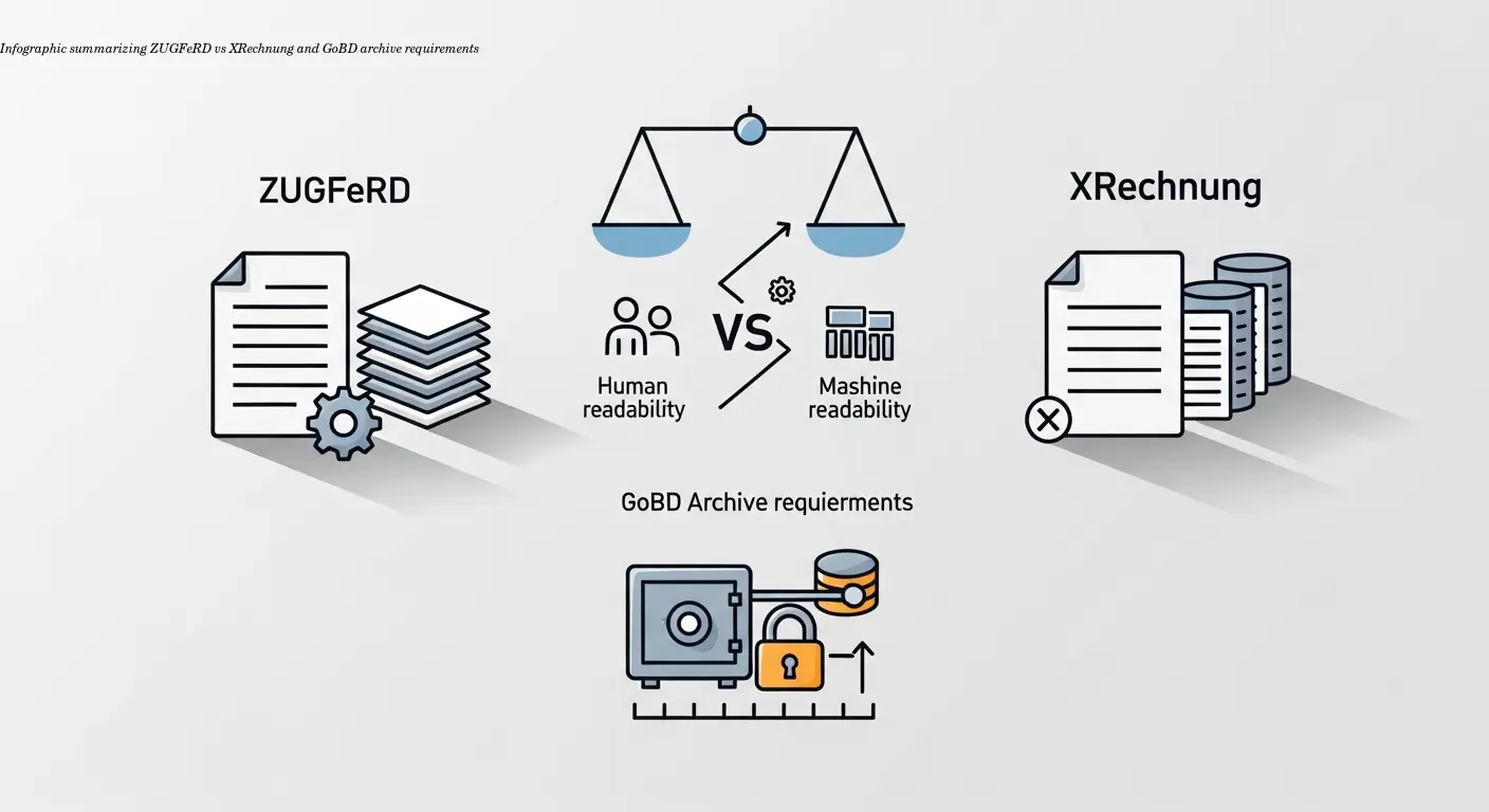 Infographic summarizing ZUGFeRD vs XRechnung and GoBD archive requirements