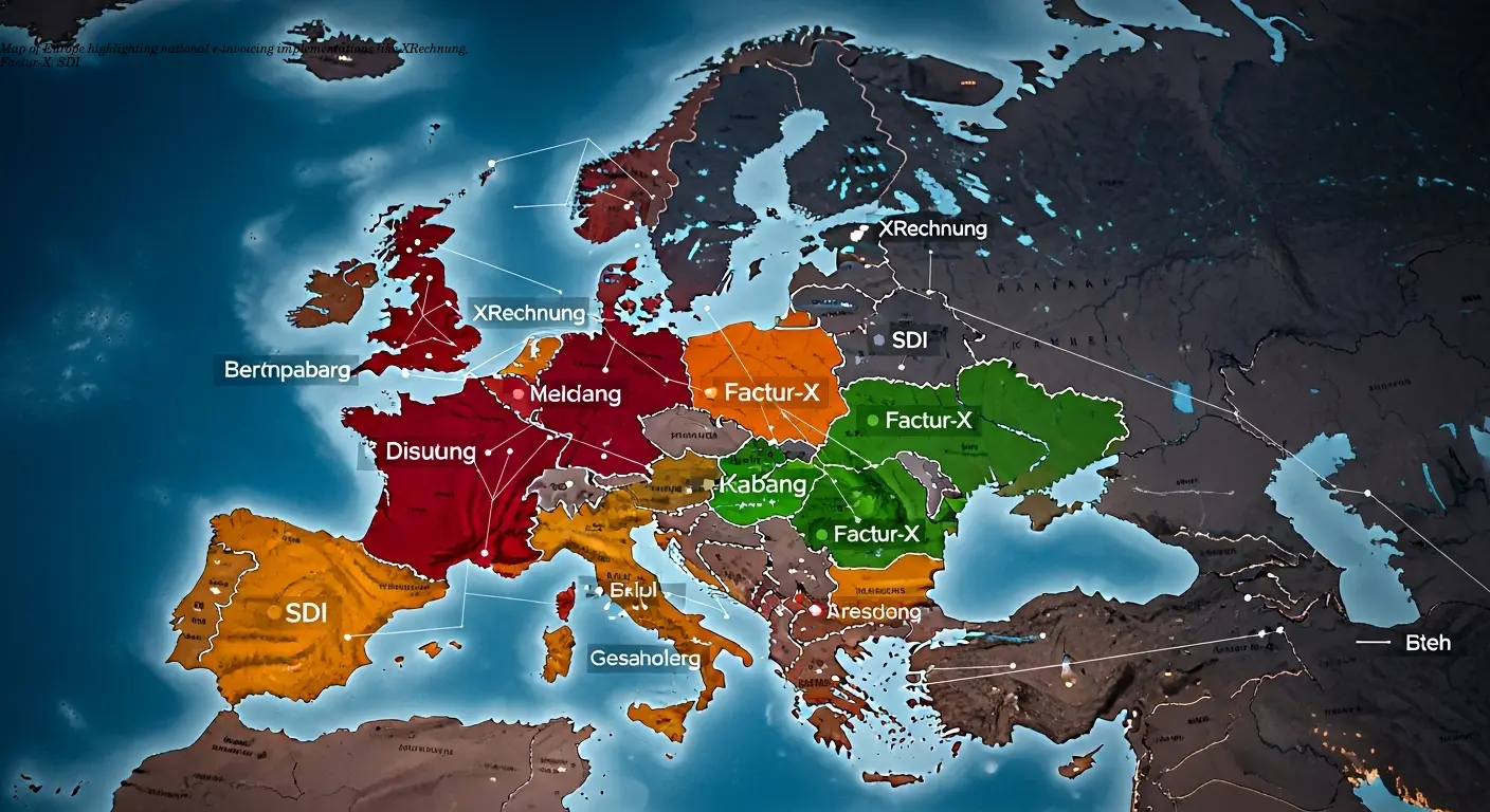 Map of Europe highlighting national e-invoicing implementations like XRechnung, Factur-X, SDI