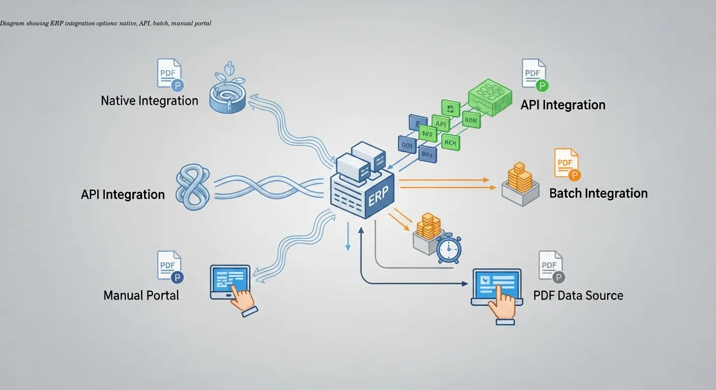 Diagram showing ERP integration options: native, API, batch, manual portal