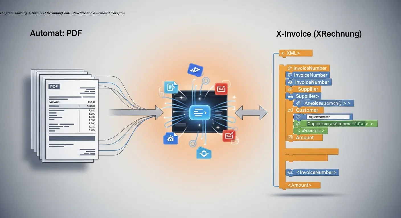 Diagram showing X-Invoice (XRechnung) XML structure and automated workflow