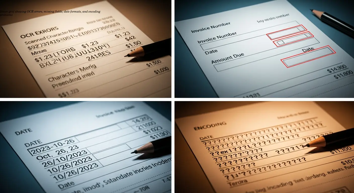 Issues grid showing OCR errors, missing fields, date formats, and encoding problems