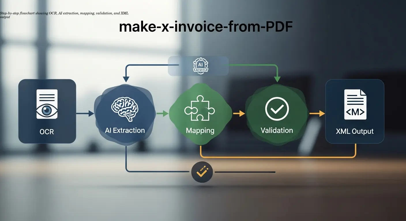 Step-by-step flowchart showing OCR, AI extraction, mapping, validation, and XML output