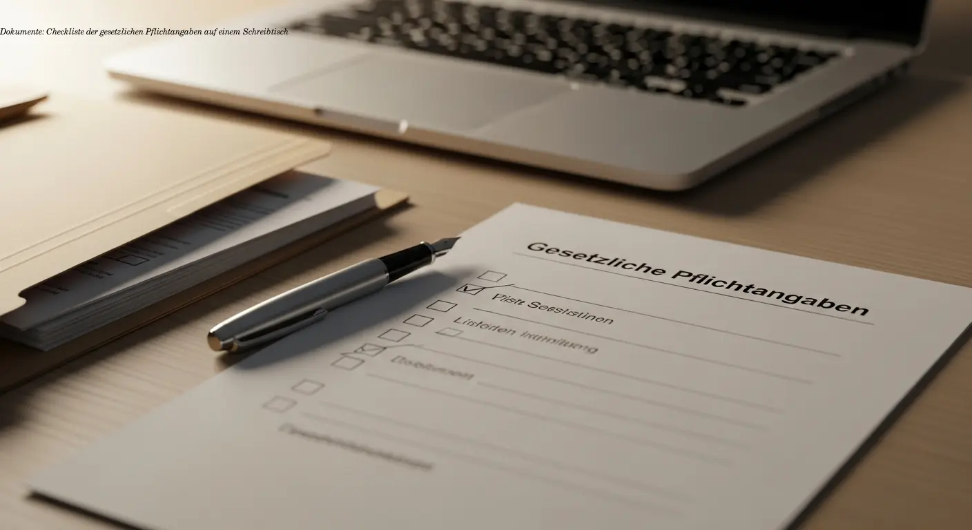 Dokumente: Checkliste der gesetzlichen Pflichtangaben auf einem Schreibtisch