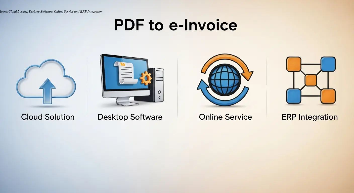 Icons: Cloud‑Lösung, Desktop‑Software, Online‑Service und ERP‑Integration