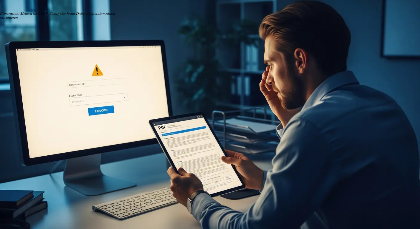 Illustration: Mensch liest PDF, Computer kann Daten nicht automatisch extrahieren