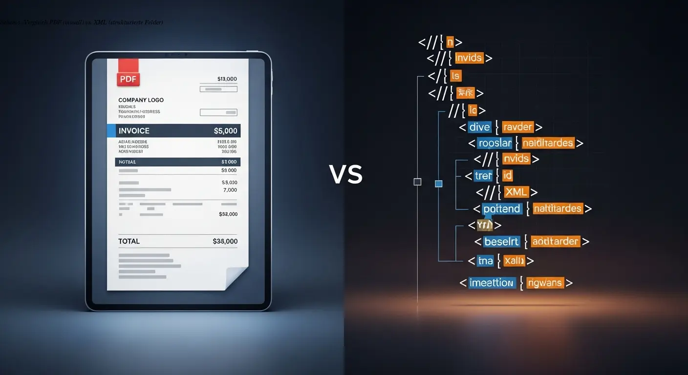 Schema: Vergleich PDF (visuell) vs. XML (strukturierte Felder)