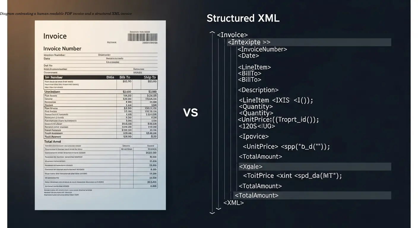 Diagram contrasting a human-readable PDF invoice and a structured XML invoice