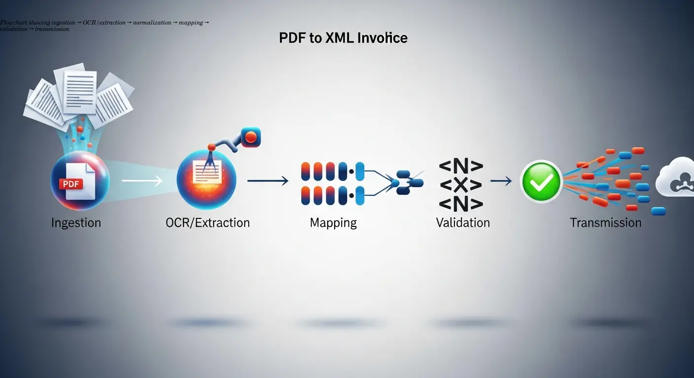 Flowchart showing ingestion → OCR/extraction → normalization → mapping → validation → transmission