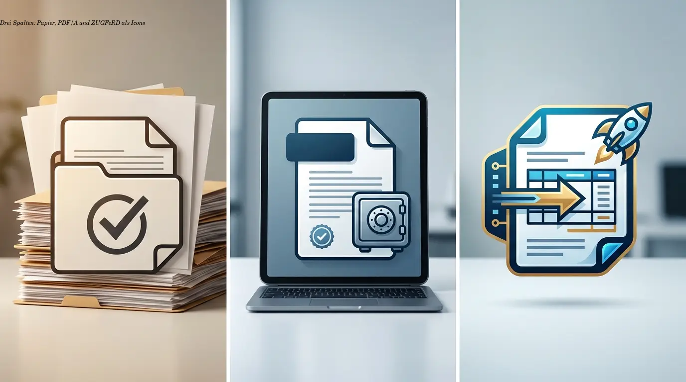 Drei Spalten: Papier, PDF/A und ZUGFeRD als Icons