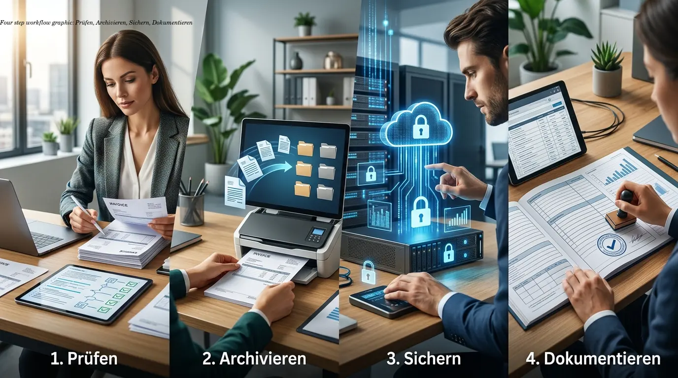 Four step workflow graphic: Prüfen, Archivieren, Sichern, Dokumentieren
