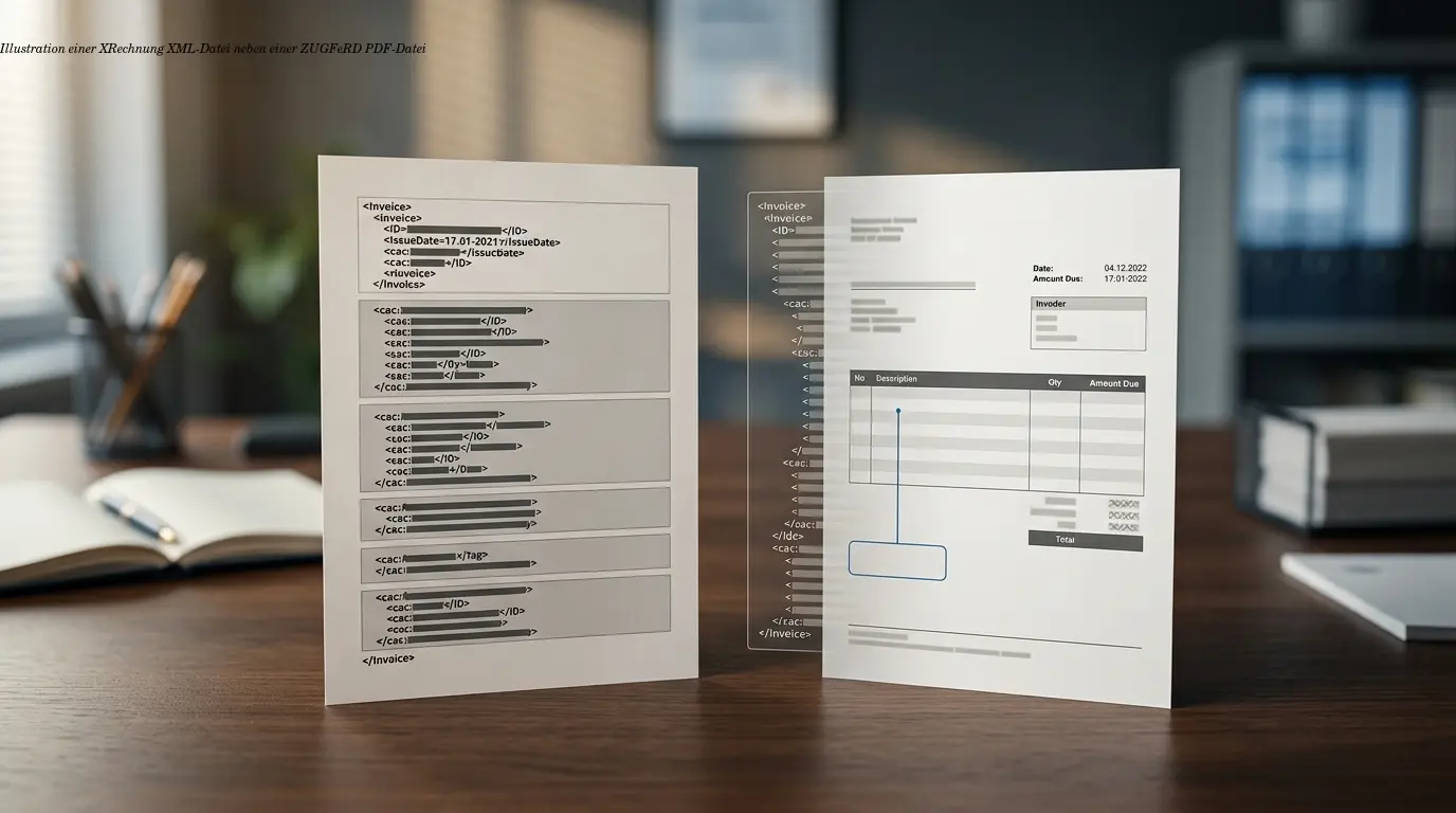 Illustration einer XRechnung XML-Datei neben einer ZUGFeRD PDF-Datei