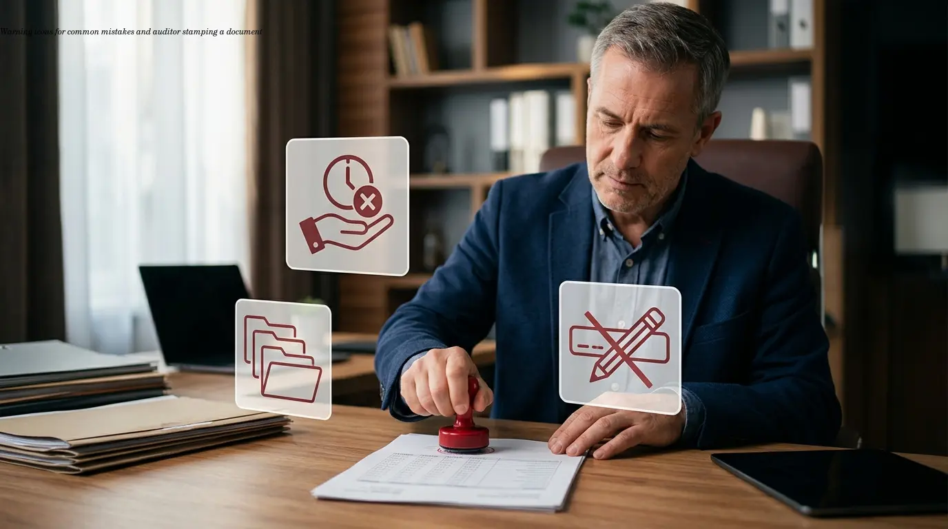 Warning icons for common mistakes and auditor stamping a document