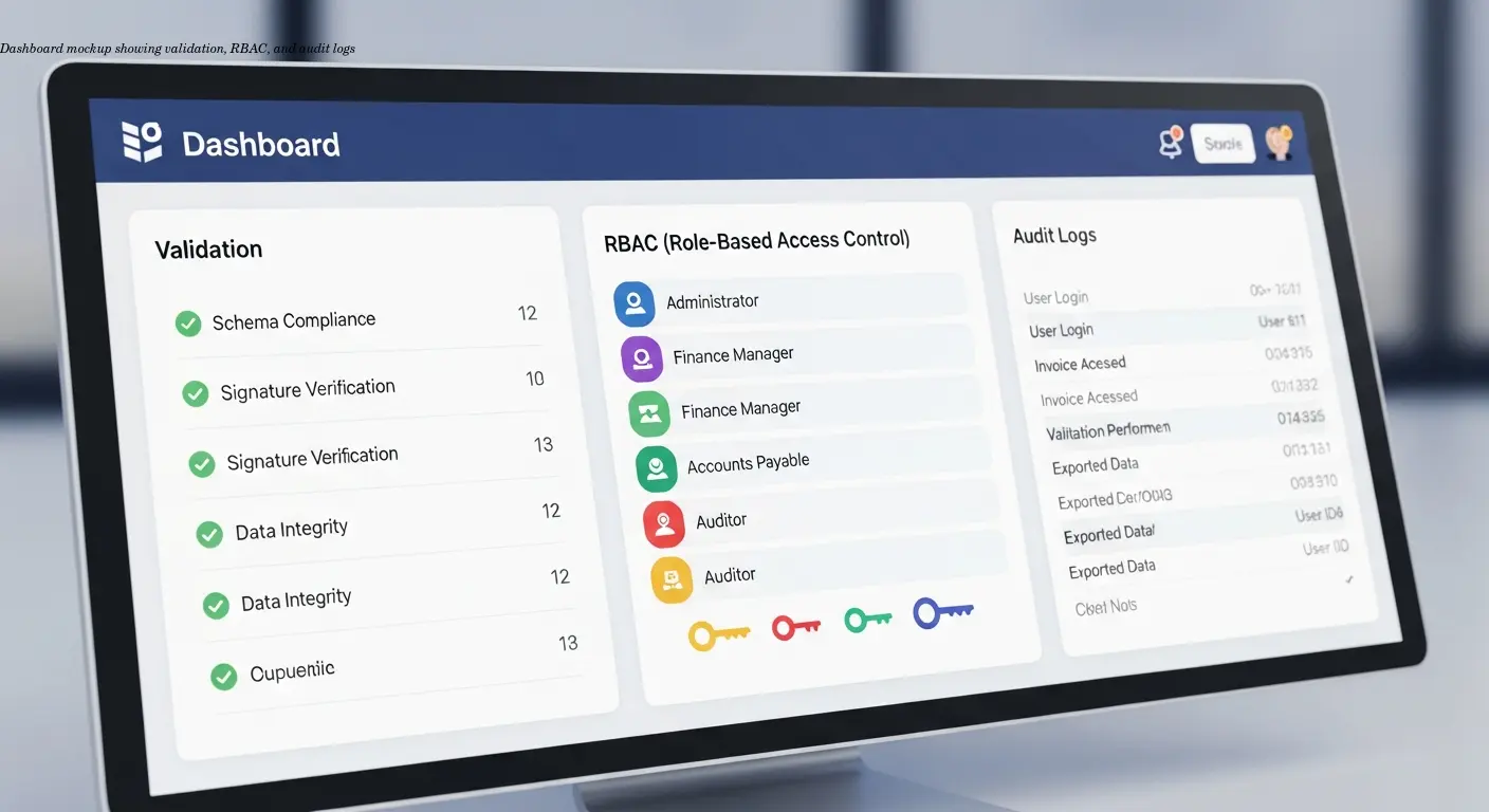 Dashboard mockup showing validation, RBAC, and audit logs