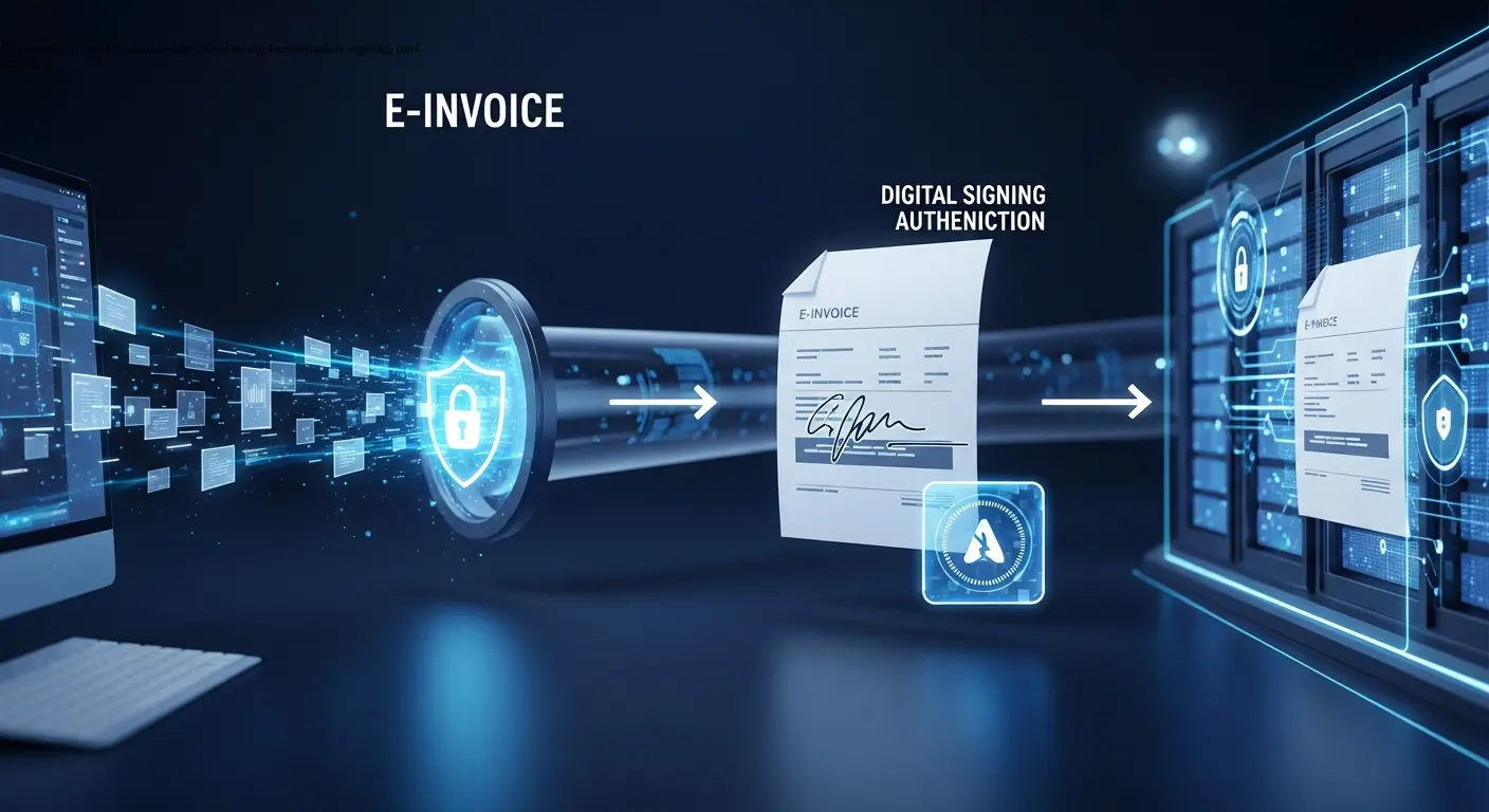 Illustration of secure e-invoice lifecycle showing transmission, signing, and archiving