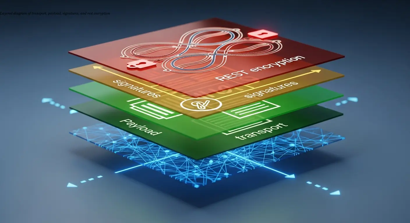 Layered diagram of transport, payload, signatures, and rest encryption