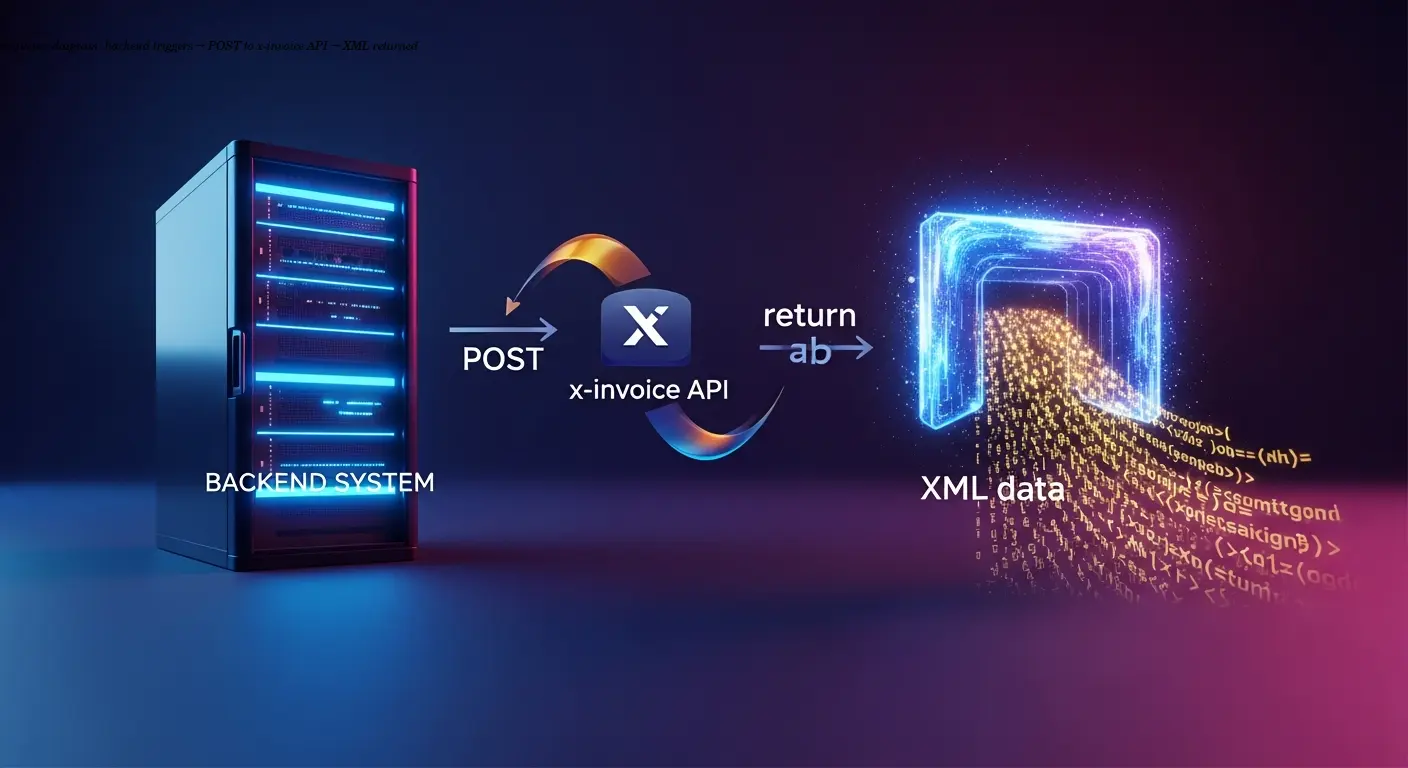 Sequence diagram: backend triggers → POST to x-invoice API → XML returned