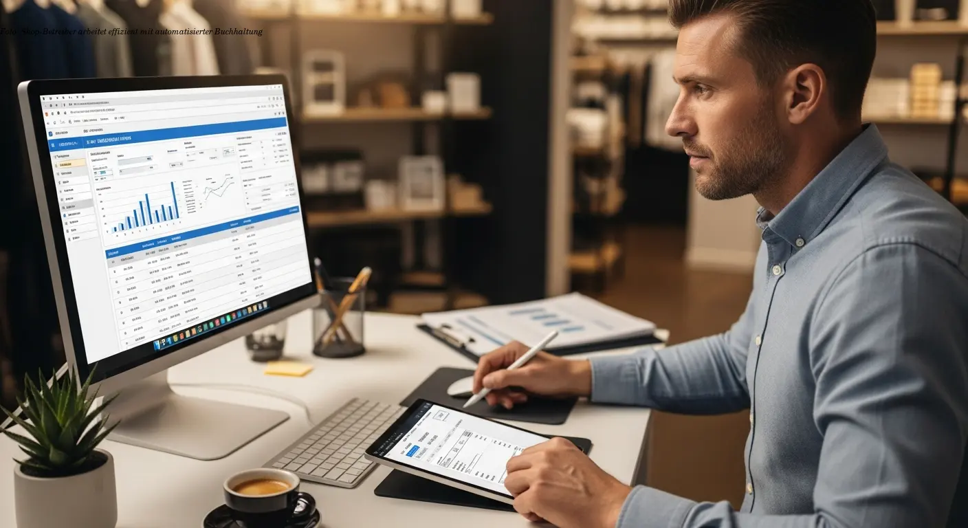 Foto: Shop-Betreiber arbeitet effizient mit automatisierter Buchhaltung