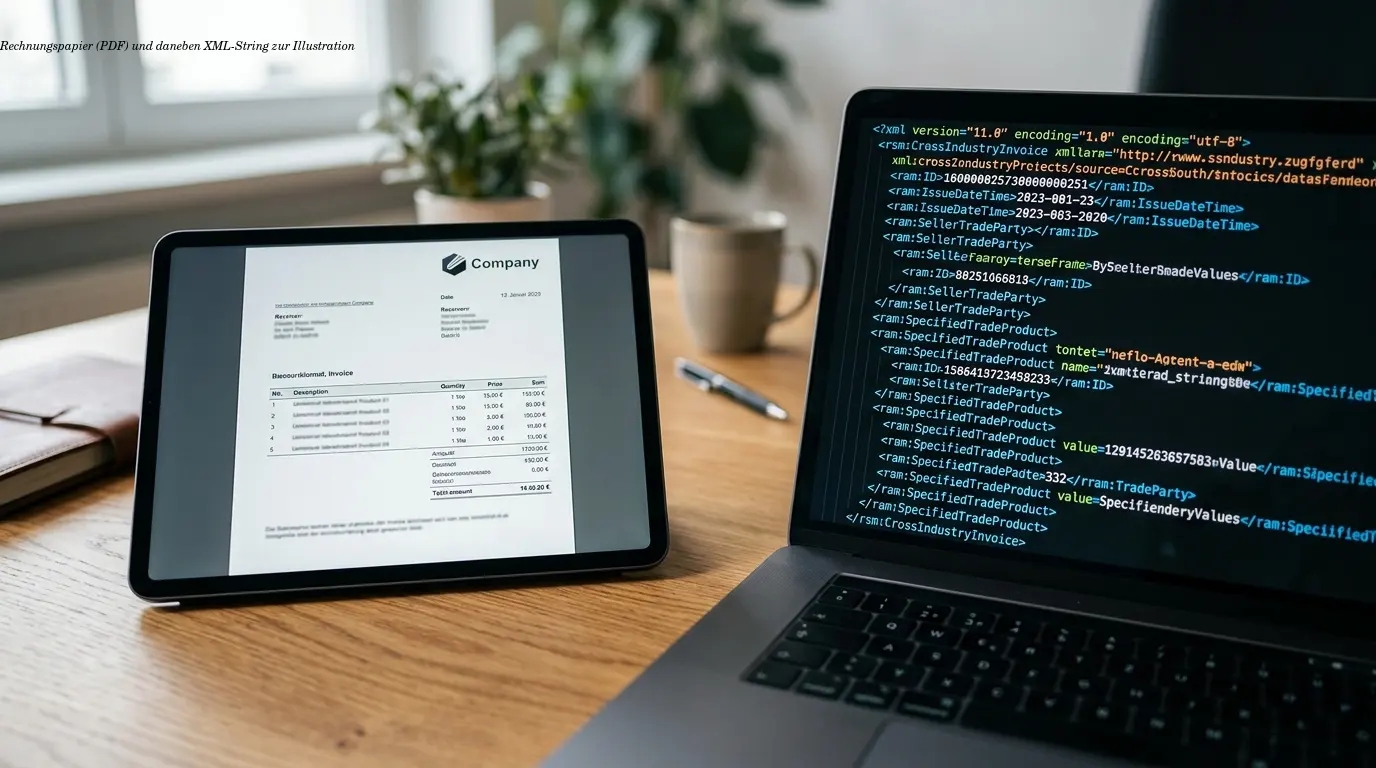 Rechnungspapier (PDF) und daneben XML-String zur Illustration